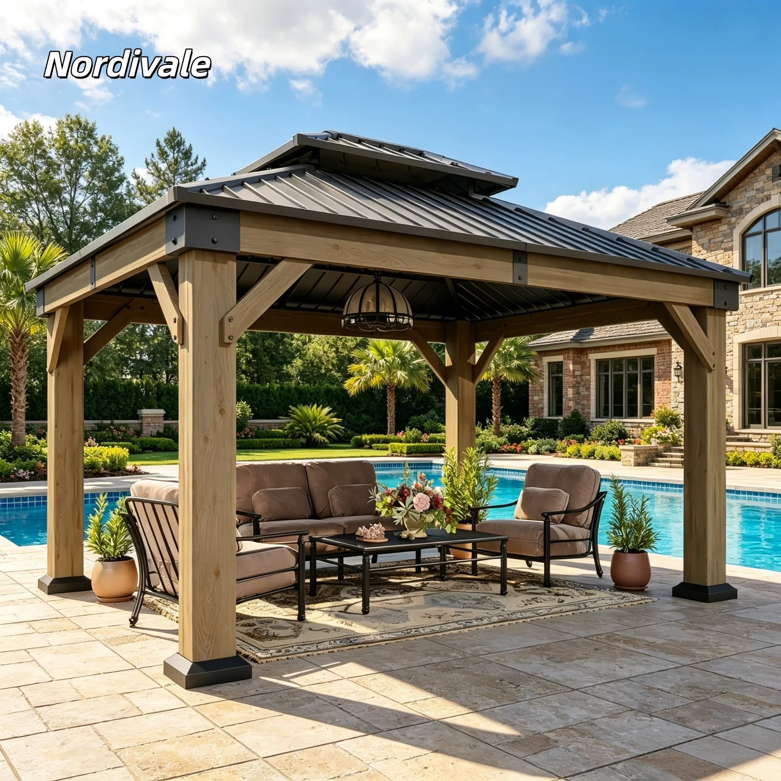 Nordivale Hardtop Cedar Wood Gazebo 10x12Ft Galvanized Steel Double Roof Permanent Pavilion for Outdoor Patio Deck