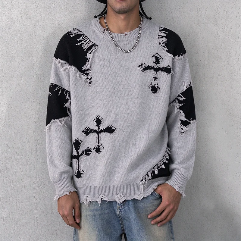 Men's Vintage Distressed Ripped Tassel Knitwear Sweater Autumn Winter Color Block Irregular Tear Design Knitted Sweater Pullover
