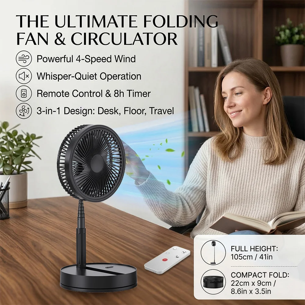 Tragbarer Ventilator mit Fernbedienung, faltbar, teleskopisch, 8000 mAh Akku, 4 Windgeschwindigkeiten, höhenverstellbar, USB-Kühlventilator für draußen und drinnen