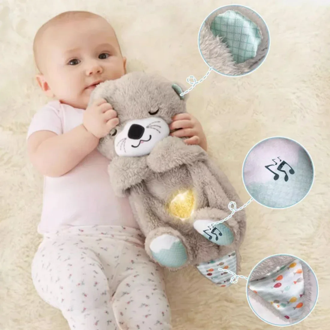 New Plush Otter Filled Breathing Pillow Music Playmate Lighting Audio Newborn Sensory Comfort Toy Baby Gift