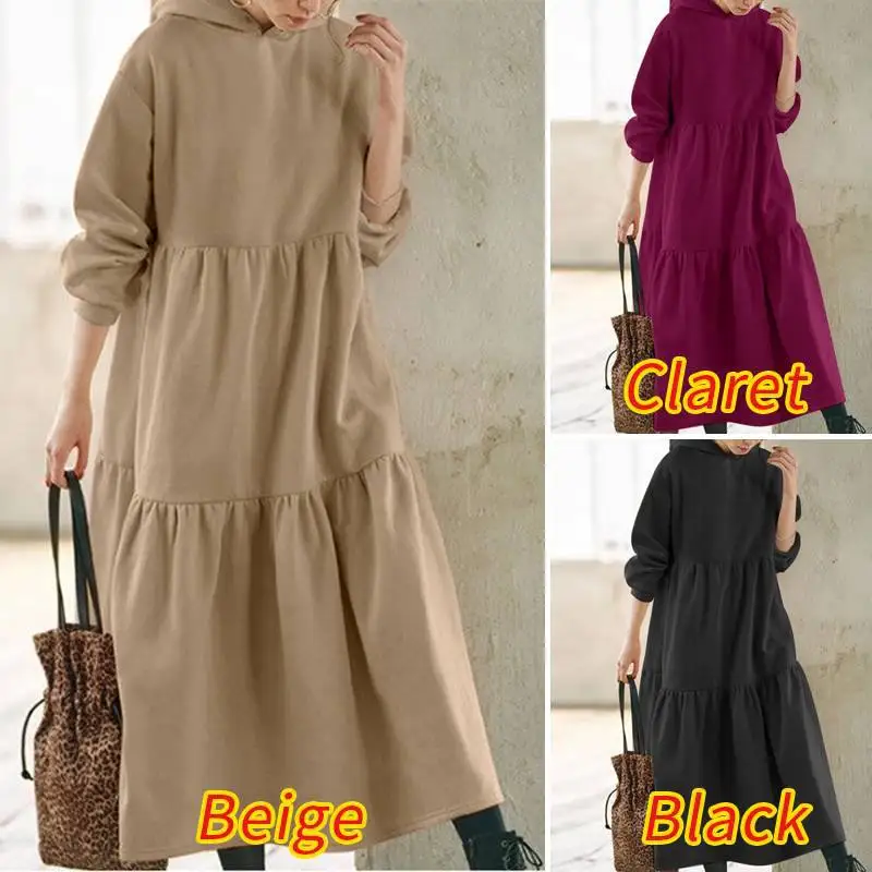 Ladies Long Sleeve Blouse Shirt Dress Vestido Spring Autumn Loose Casual Female Women Solid Pleated Hoodies Long Dress Plus Size