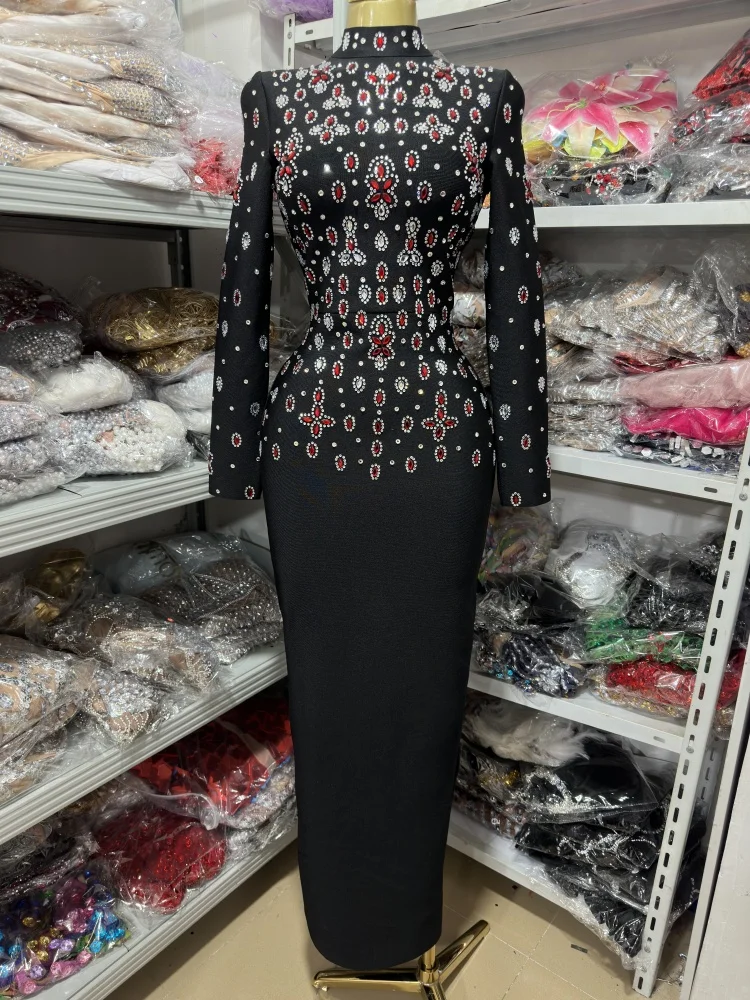 

High-quality women's new black long-sleeve red rhinestone slim-fit long dress elegant evening party dress
