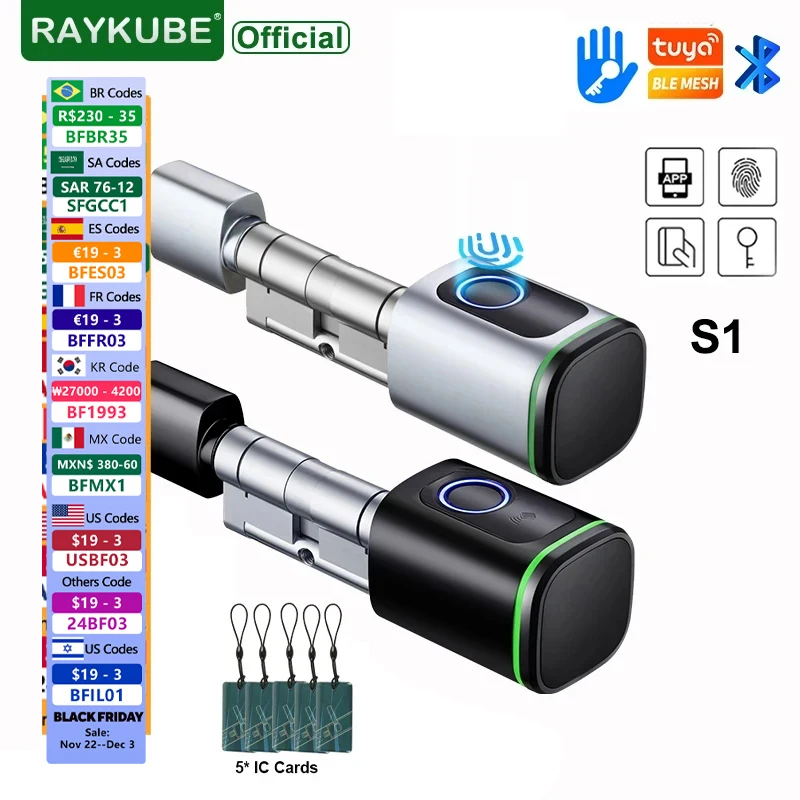 RAYKUBE S1 Tuya BLE TT Lock Smart Electronic Door Lock with DIY Cylinder Core Fingerprint APP Keys IC Card Unlock for Home Hotel