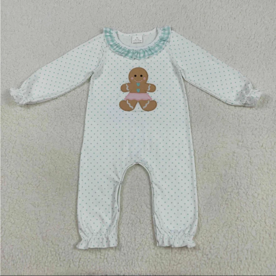 

Рождественский комбинезон для маленьких детей LR2341 с пряничной вышивкой и принтом в горошек для маленьких девочек