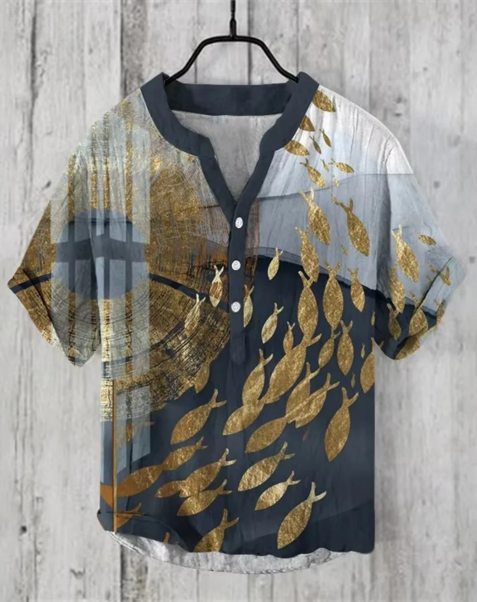 Henry Shirt - เสื้อยืดลําลองแขนสั้นผู้ชายใหม่ ท็อปส์ซูชุดลําลองทุกวัน เสื้อผ้าพิมพ์ลายปลา ไซส์ S ถึง 5XL