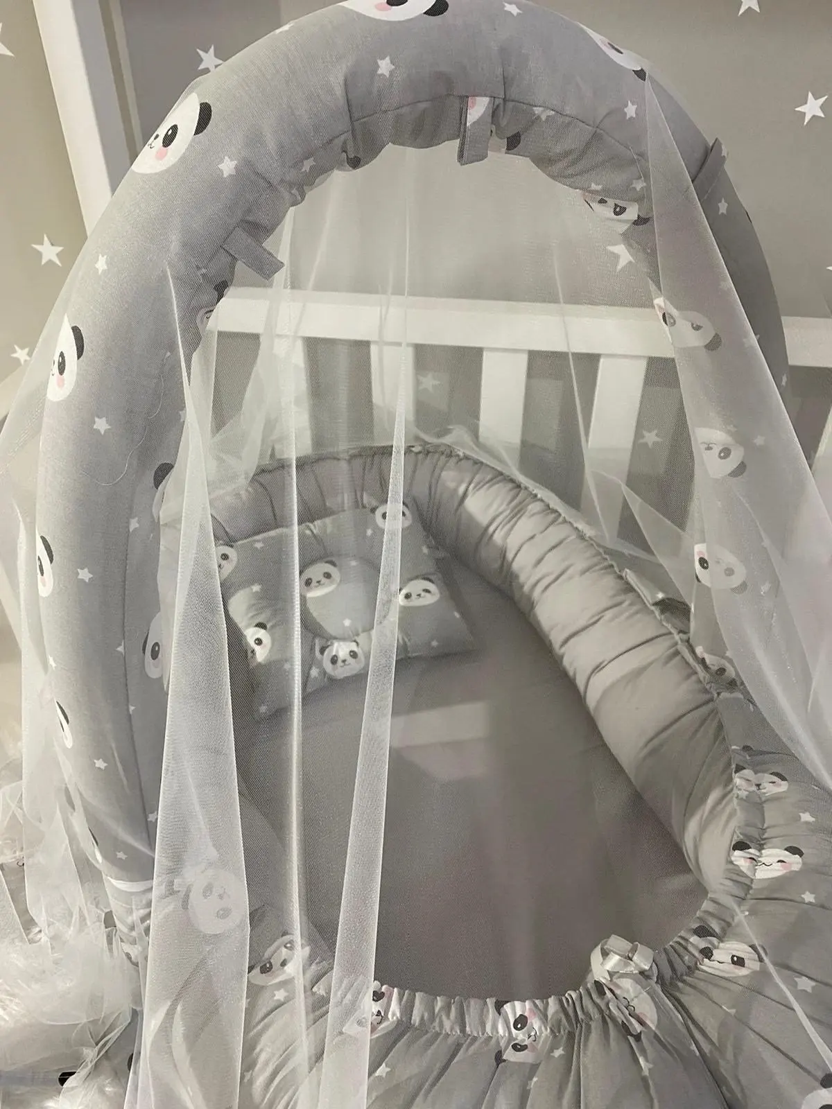 Handmade Gray Panda Mosquito Net and Toy Hanger Luxury Design Babynest