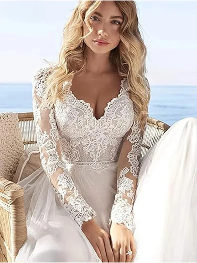 Boho Long Sleeves A-line Wedding Dresses For Women Corset Low Back Floor Length Lace Appliques Tulle Bridal Gown Customized image 3