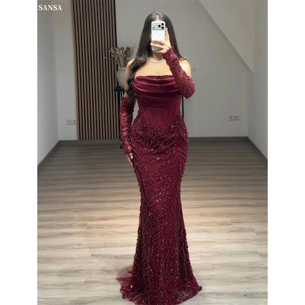 

Индивидуальное бордовое платье-русалка без бретелек с бисером и съемными рукавами для выпускного вечера, вечернее платье в пол, модель 2026