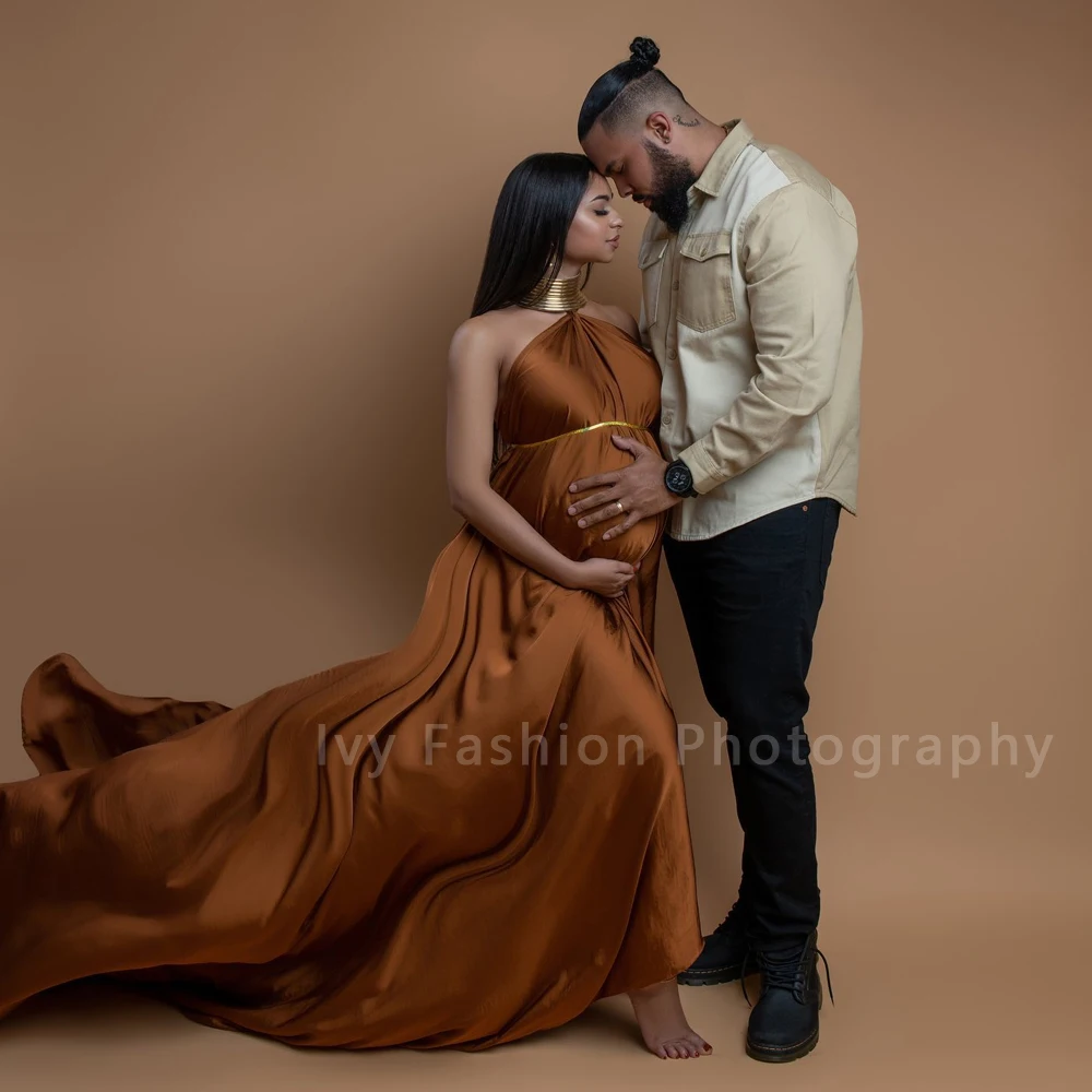 Maternity Photography Gown Sexy Elegant Long Dresses Gold Color Leather African Posing Props For Pregnant Women Photography