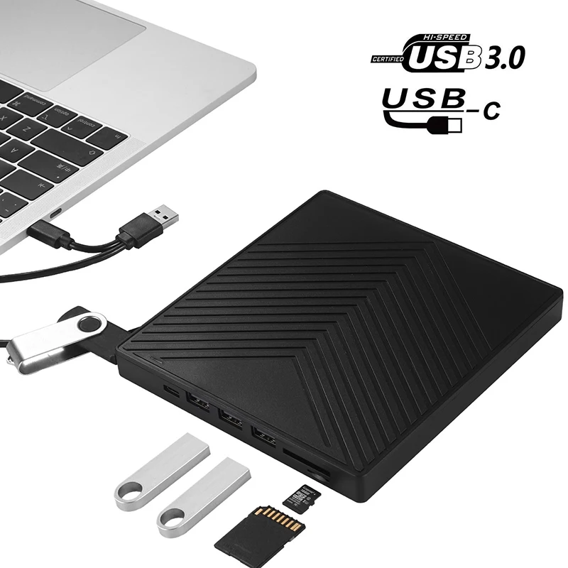 USB 3.0 New External DVD Drive Portable DVD Drive Writer Burner Player 6in1 USB Type C SD/TF Card Reader Windows 10 Laptop