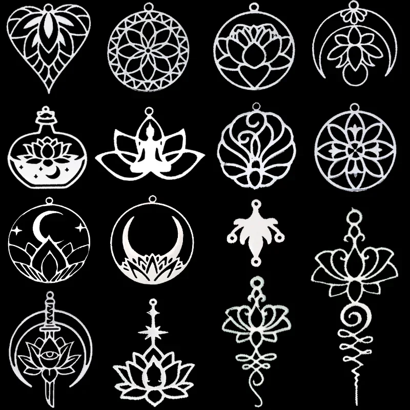 Amulette Exquiaite lune fleur de Lotus, breloques artisanales, boucles d'oreilles, collier, fabrication de bijoux, pendentif bouddhisme Yogo en acier inoxydable, 3 pièces