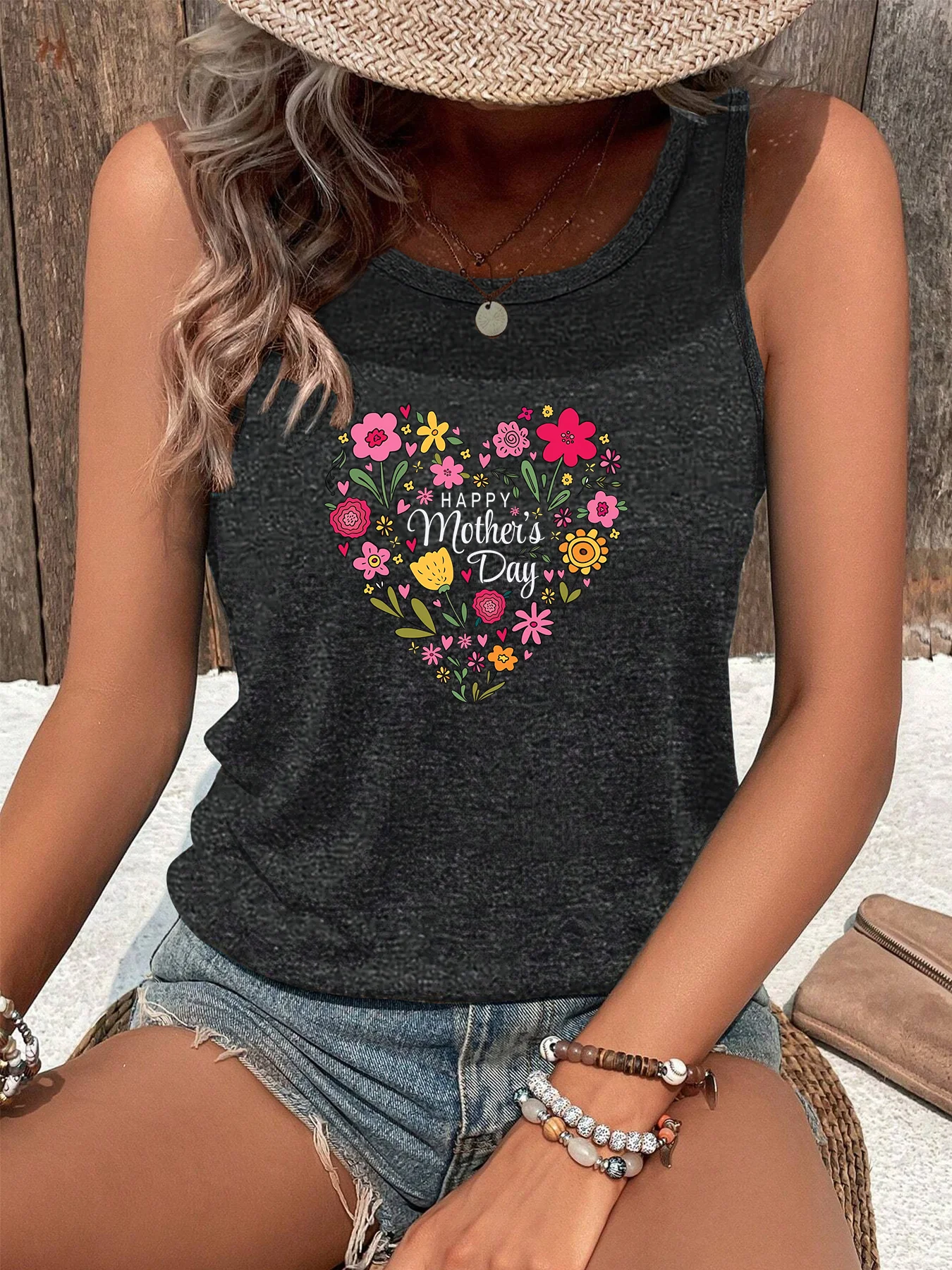 Summer Latest Happy Mothers' Day Flower Bush Fashion Sports Women's Tank Top Loose O Neck Sleeveless Casual Tank Top