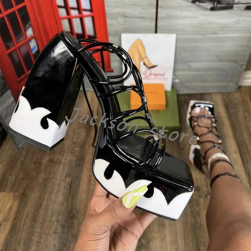 Hot Girl Mixed Colors Square Toe Thick High Heel Cross Strap Women Sandals Trendy Platform Dress Shoes Big Size Female Shoes