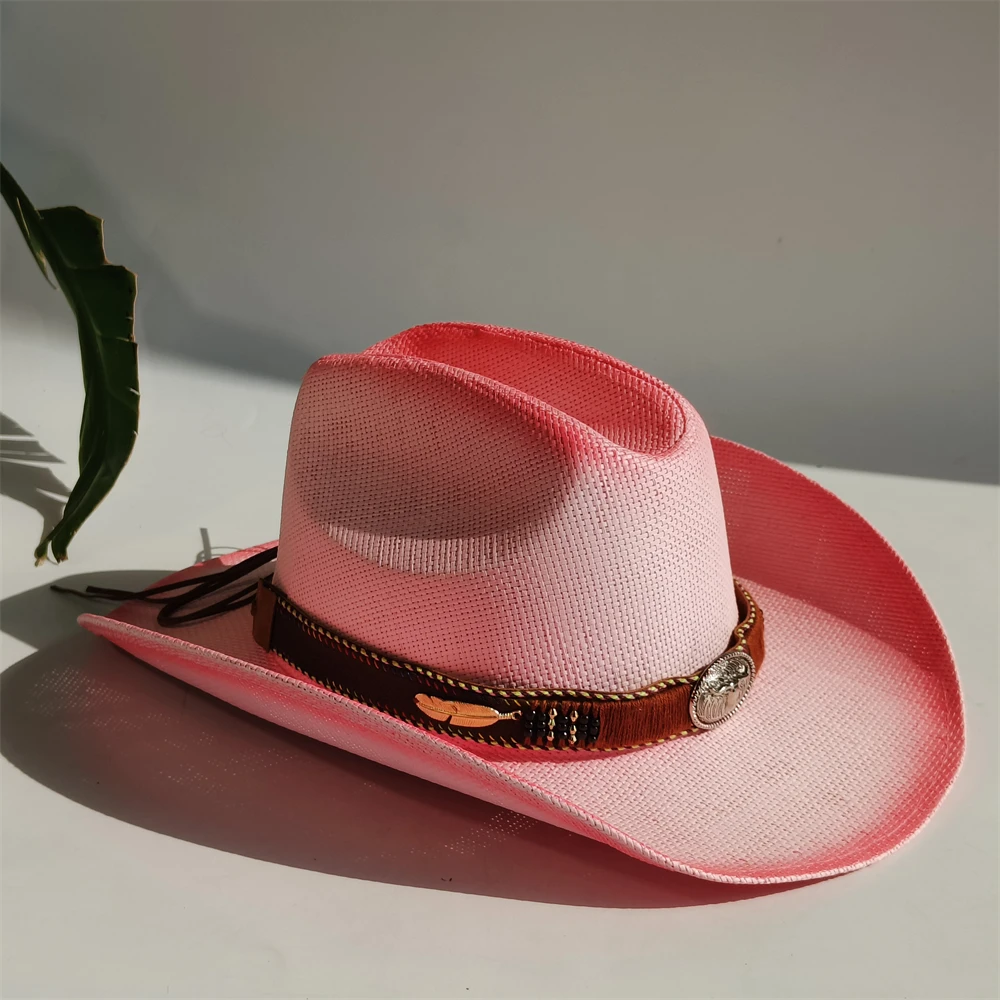 Men Stiff Straw Cowboy hat women Pasture straw hat cowgirl Color gradient straw hat beach summer Sun hat sombrero vaquero hombre
