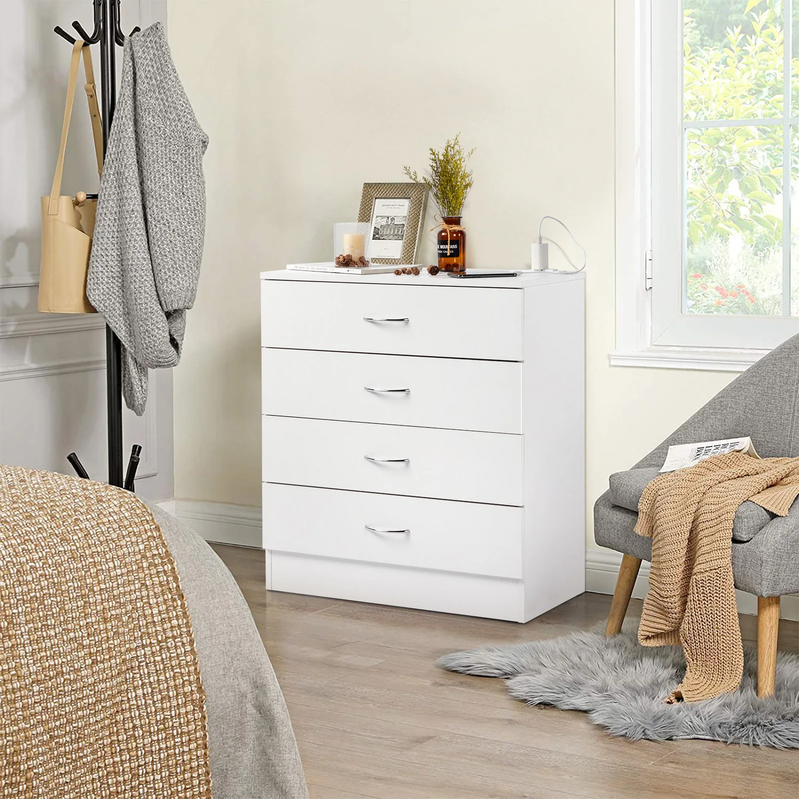 

Nightstand with 4 Drawers (2 USB Ports + 2 Power Outlets)