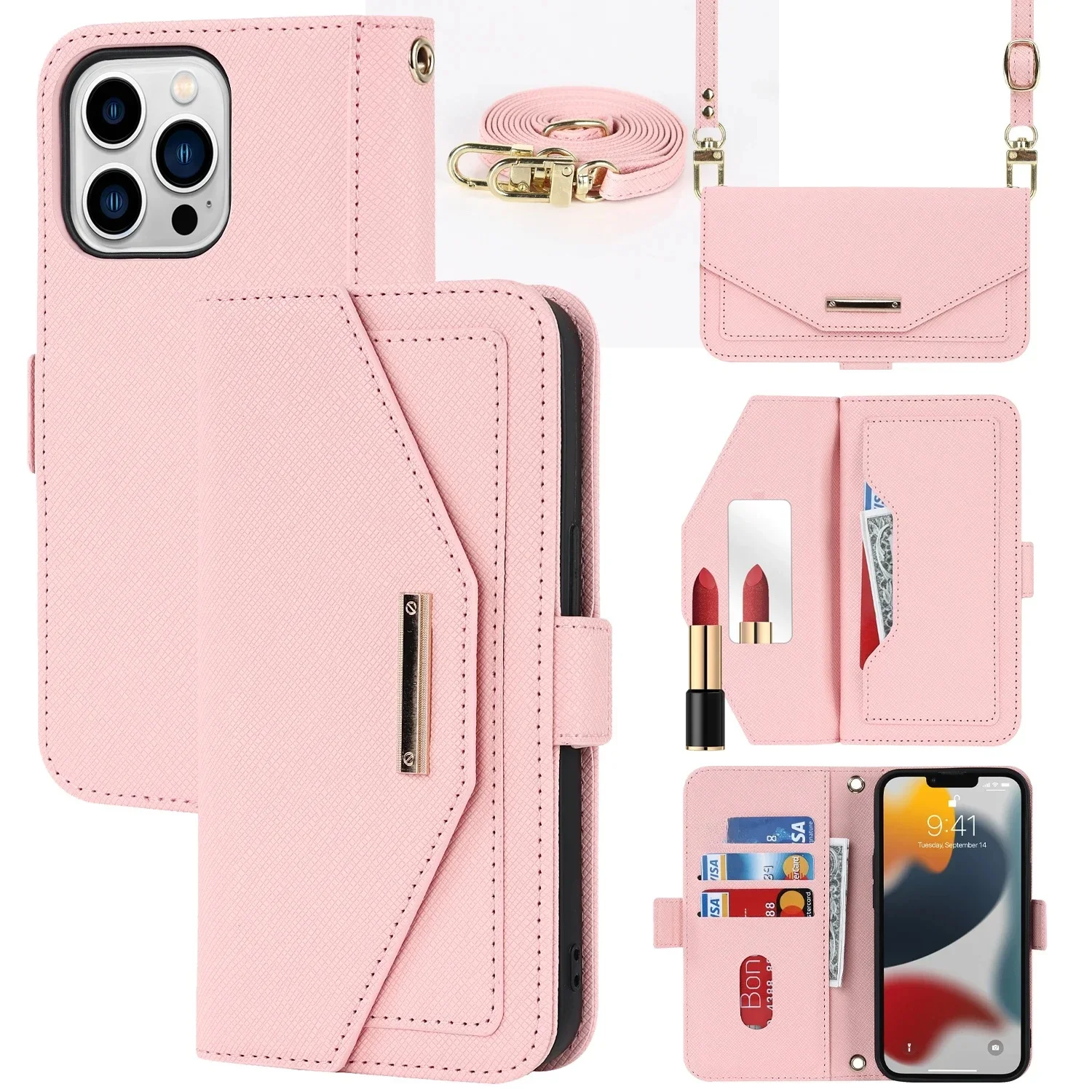 Etui z portfelem na smycz do iPhone'a 15 16 Pro Max 14 13 12 Mini 11 XR 8 SE 2022 Gniazdo na karty Magnetyczna podstawka Lustro Okładka książki — zdjęcie produktu 7