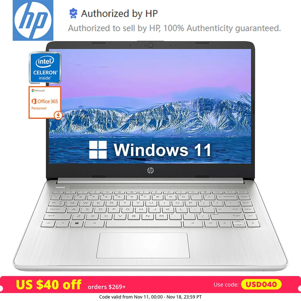 HP il più nuovo Laptop aziendale da 14 ", Intel Celeron N4120, fino a 16GB di RAM,384GB di archiviazione (128GB eMMC + 256GB Micro SD),1 anno di ufficio 365, argento