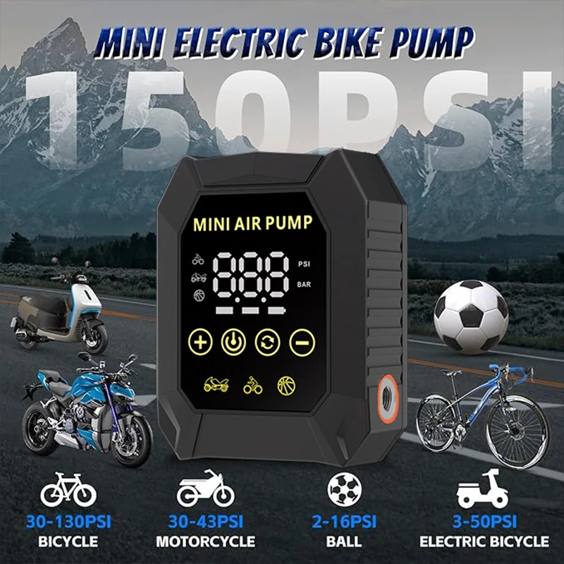 

Mini Air Pump, Portable Outdoor Inflator, Bike Pump 150psi Compressor with Built-in LED Light & Rechargeable Battery for Electri