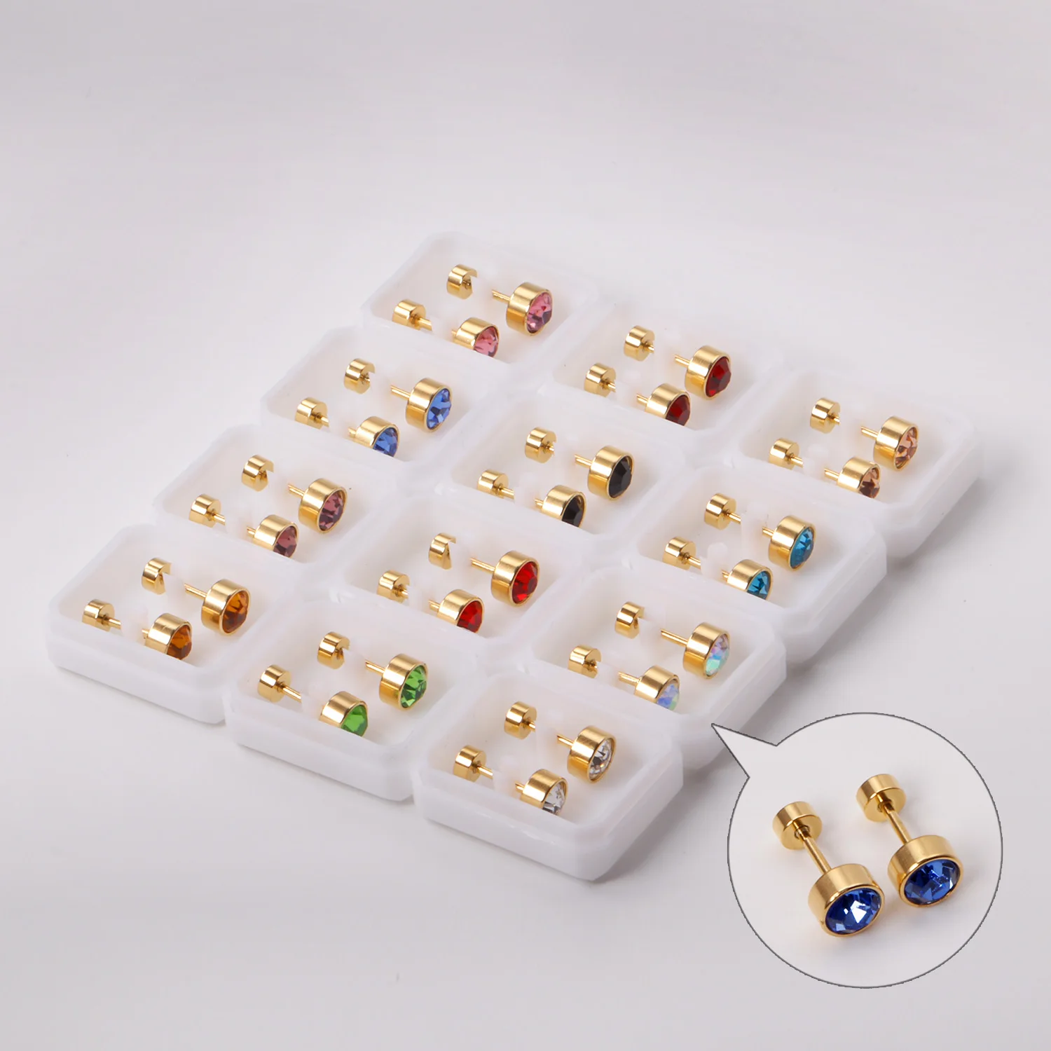 Wholesale 12pairs/Lots 3-6MM Rround Shape Stainless Steel Earrings Cubic Zirconia Screw Pack Colorful Studs For Girls Jewelry