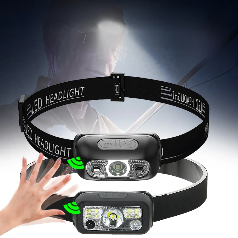 Mini, potężne latarka czołowa z czujnikiem reflektory latarka czołowa USB reflektor LED latarka kempingowego — zdjęcie 2