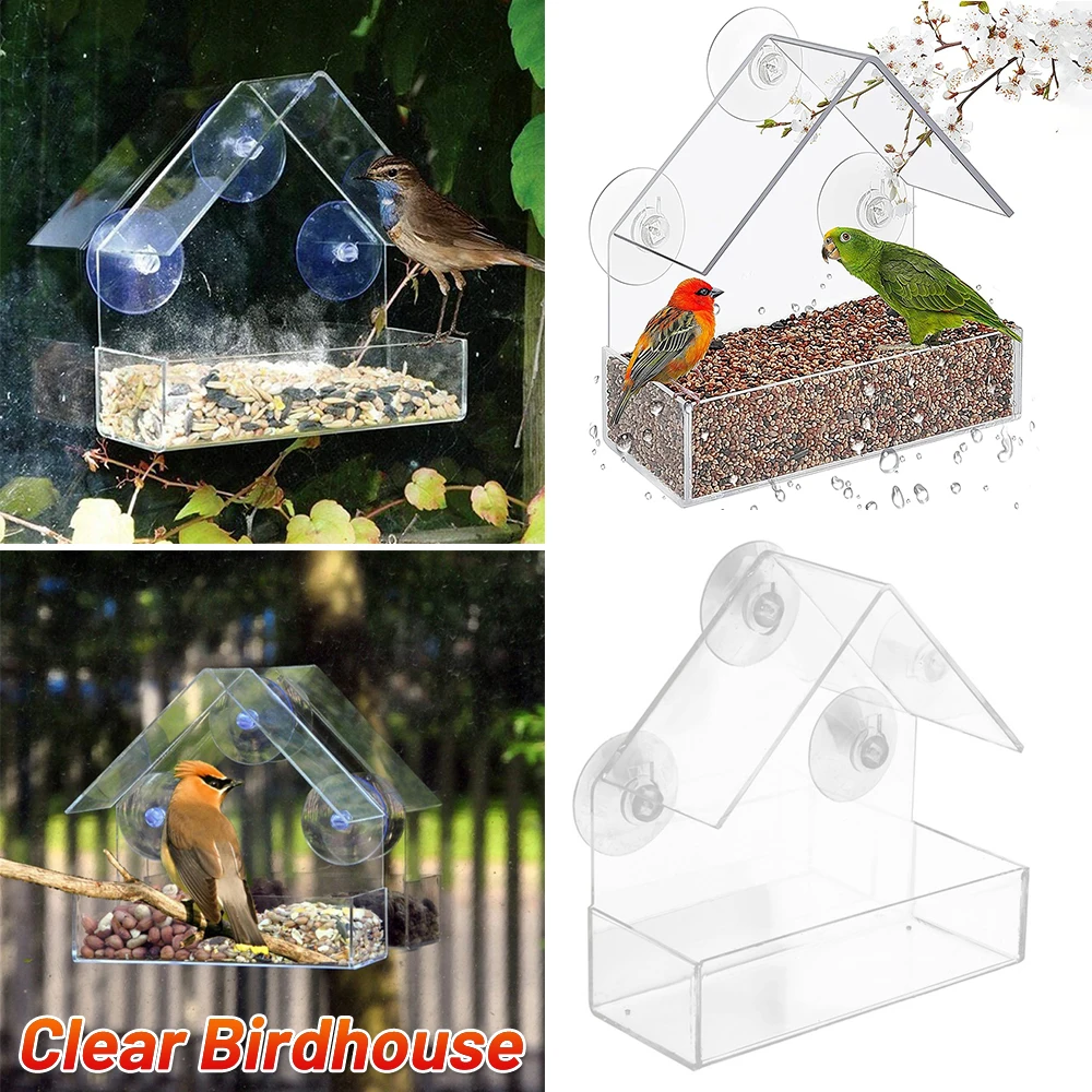 Window Wild Bird Feeder Clear Plastic Seed Tray House Shaped Garden Outdoor 15cm