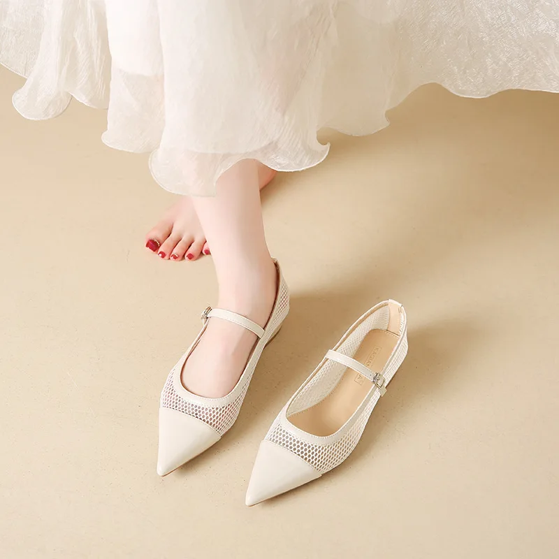 

Breathable Mesh Mary Jane Heels for Women Elegant Pointed Toe Flats with Low Block Heel Buckle