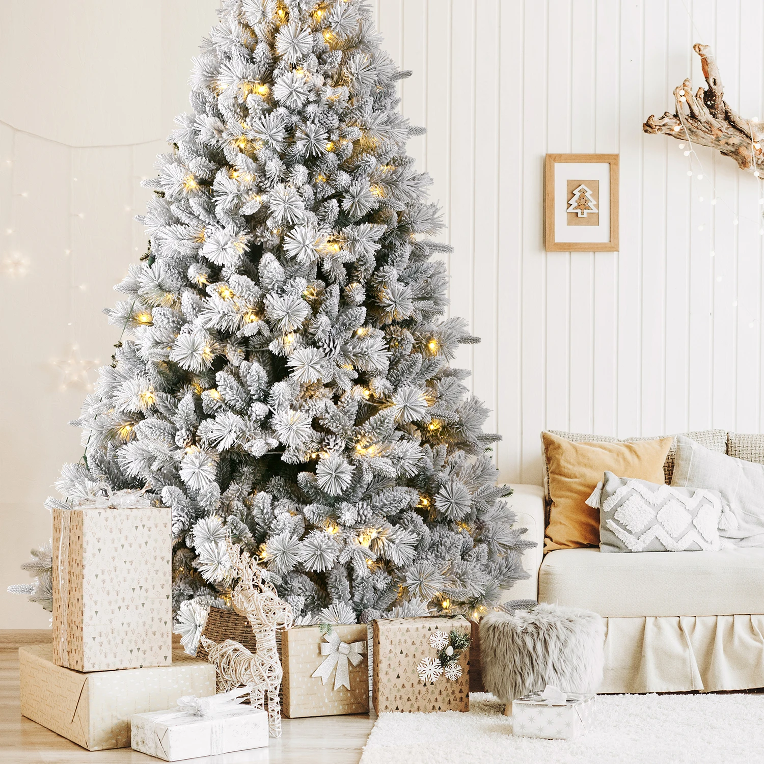 210 cm großer weißer Schnee-Kunstkerbaum mit 350 warmweißen LEDs, 1348 Spitzen, PVC + PE, Metallständer, faltbarer, einfach zu montierender Baum – Detail 10