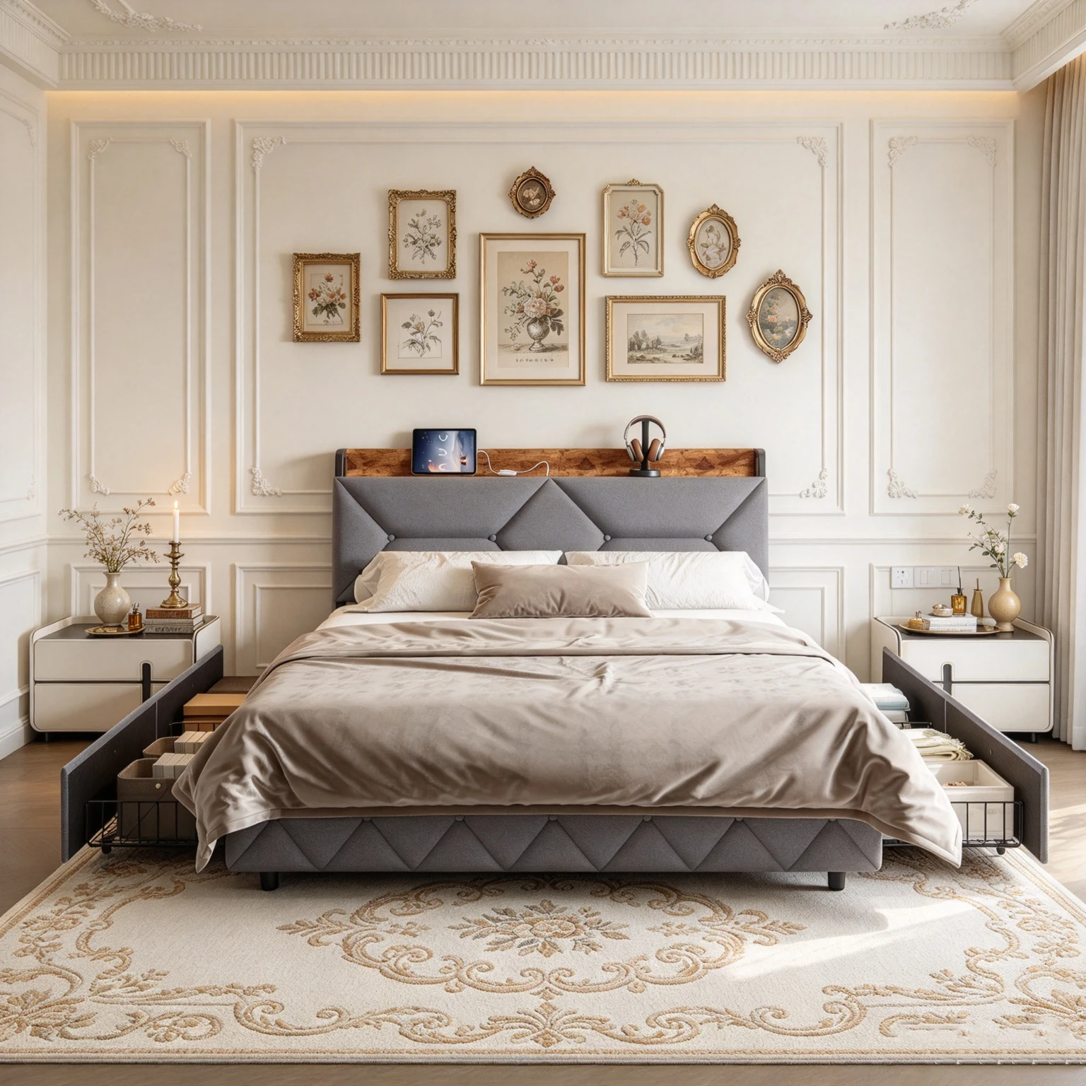 Letto imbottito Anajqaqia, dimensioni 160 x 200 cm, letto per ragazzi con 4 cassetti e testiera contenitore, letto matrimoniale con struttura a doghe, tessuto in lino, colore grigio.