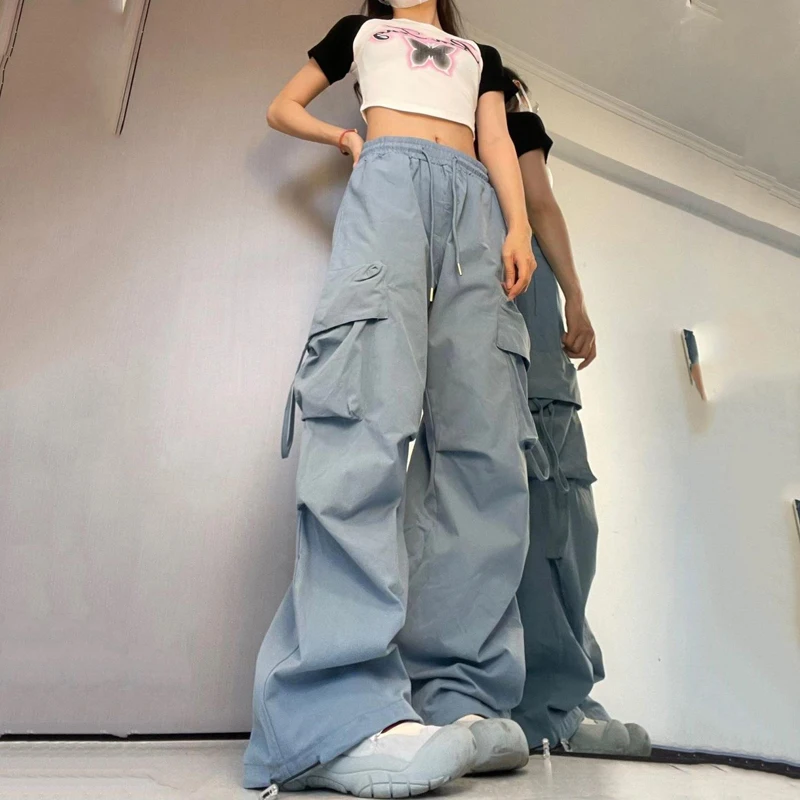 2024 Women Y2K Cargo Pants Solid Low Waist Joggers Tech Pants Drawstring Wide Leg Baggy Hip Hop Trousers Streetwear Sweatpants