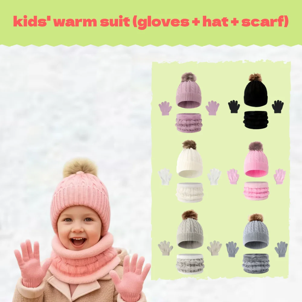 Children's thermal set including scarf + hat + gloves, winter warming equipment, multiple color options available