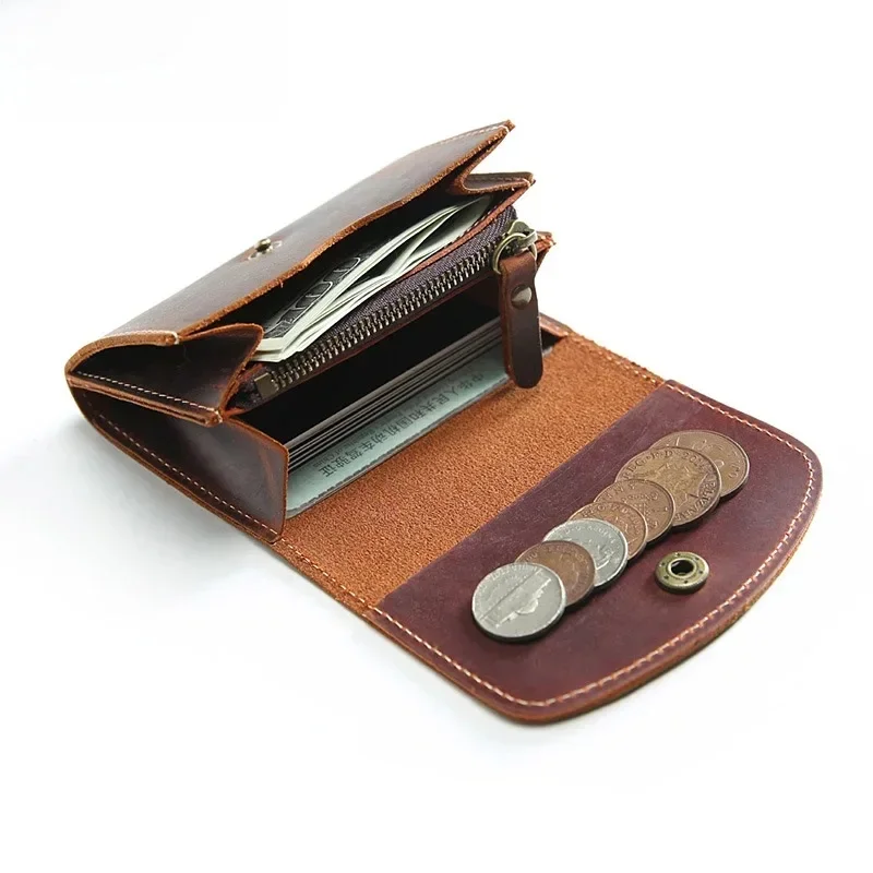 Ręcznie robiony portfel w stylu vintage męski Crazy Horse skórzane portmonetki etui moda mały portfel znanej marki damskie krótkie etui na karty — zdjęcie 2