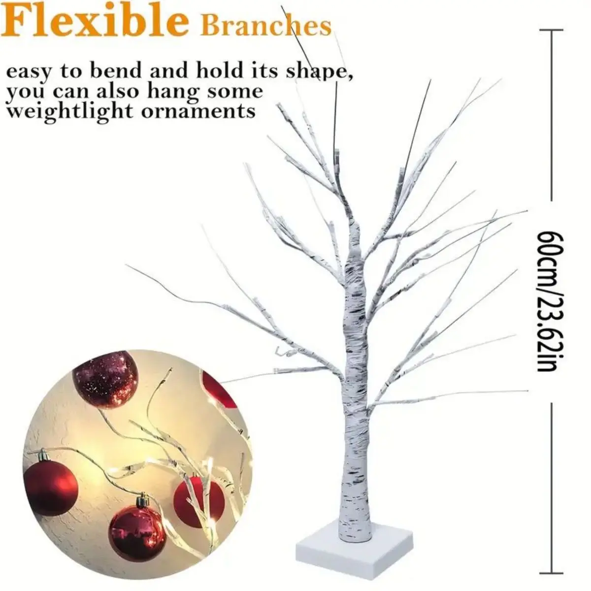 Árbol de Pascua de 24 LED, ramas ajustables de abedul 3AA y fuente de alimentación USB, luz decorativa para árbol de dormitorio (sin batería), 1 ud.