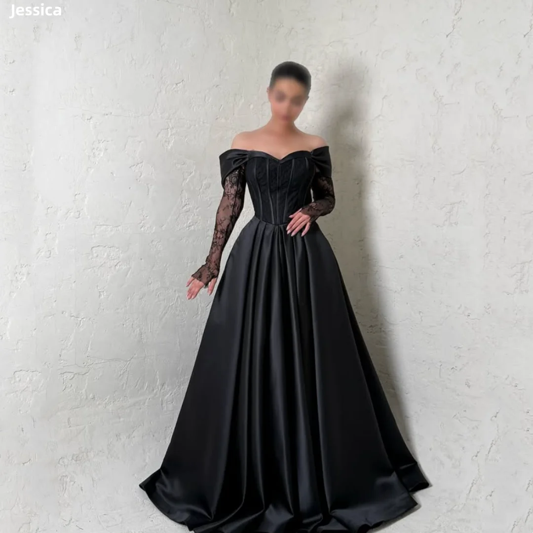 

Jessica Black Lace Long Sleeves Evening Dresses Herringbone Satin Prom Dresses A-line Elegant Lady Vestido Festa