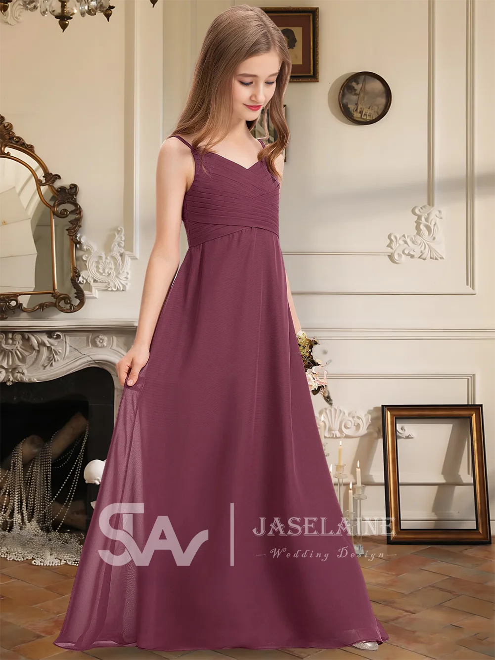 子供用エレガントジュニアブライズメイドドレス、スイートハートシフォンAライン、フロア丈フラワーガールドレス、女の子用フォーマルウェア、結婚式パーティー