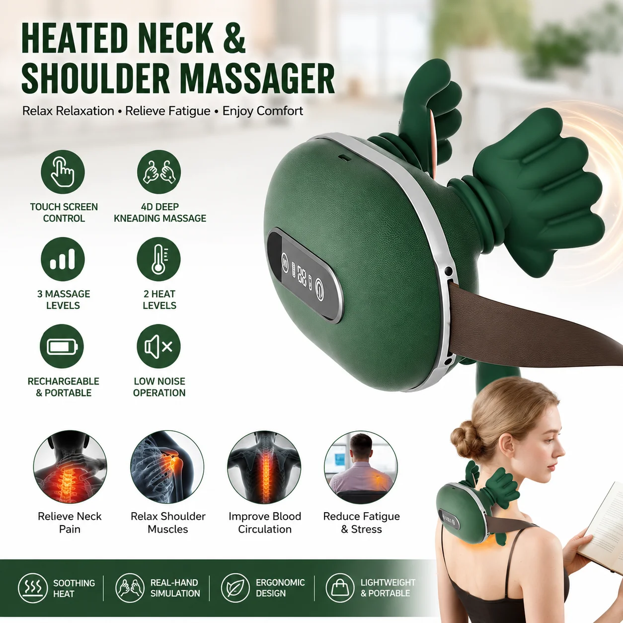 4D Heated Neck Shoulder Massager Touch Screen Deep Tissue Massage Pillow with 3 Massage Levels 2 Heat Settings for Home Office