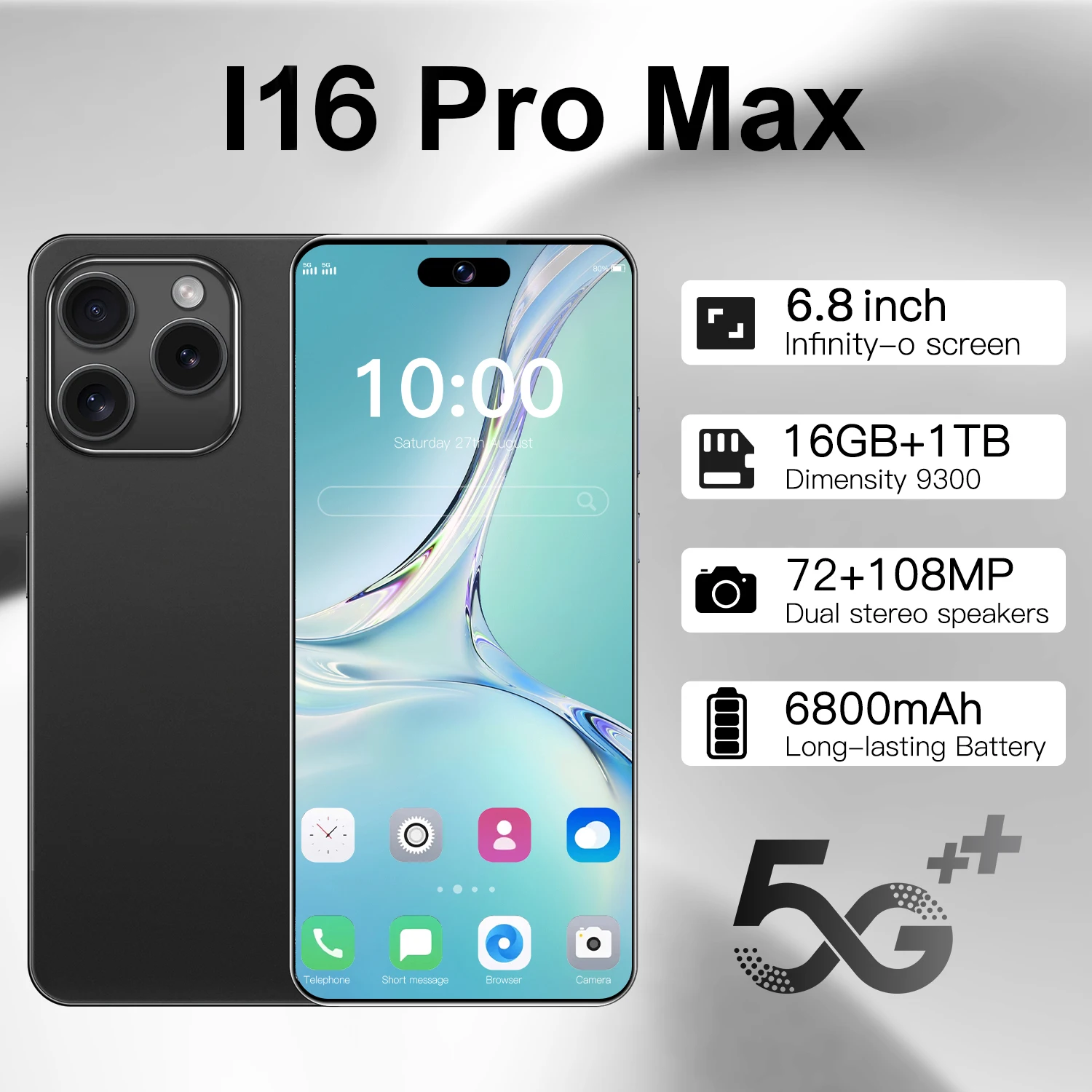 

New Global version Smartphone I16 Pro max Mobile Phone 16G+1T 6.8inch HD+ Android 4G/5G Networks Snapdragon 8 gen3 108MP