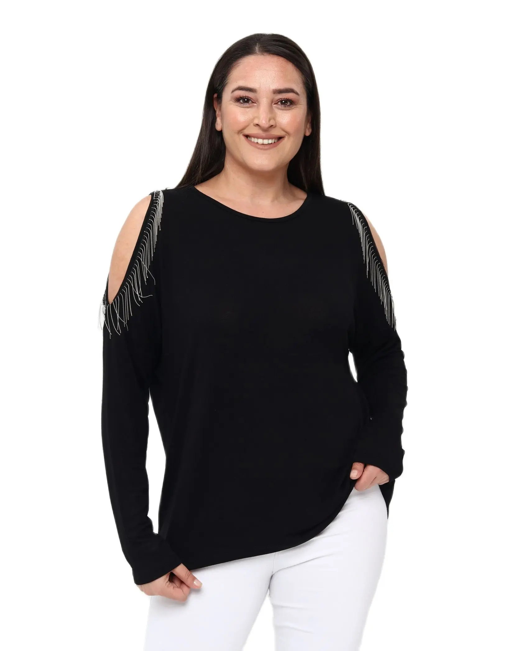 Women’s Plus Size Black Blouse Off Shoulder Tassel Detail, Designed and Made in Turkey, New Arrival