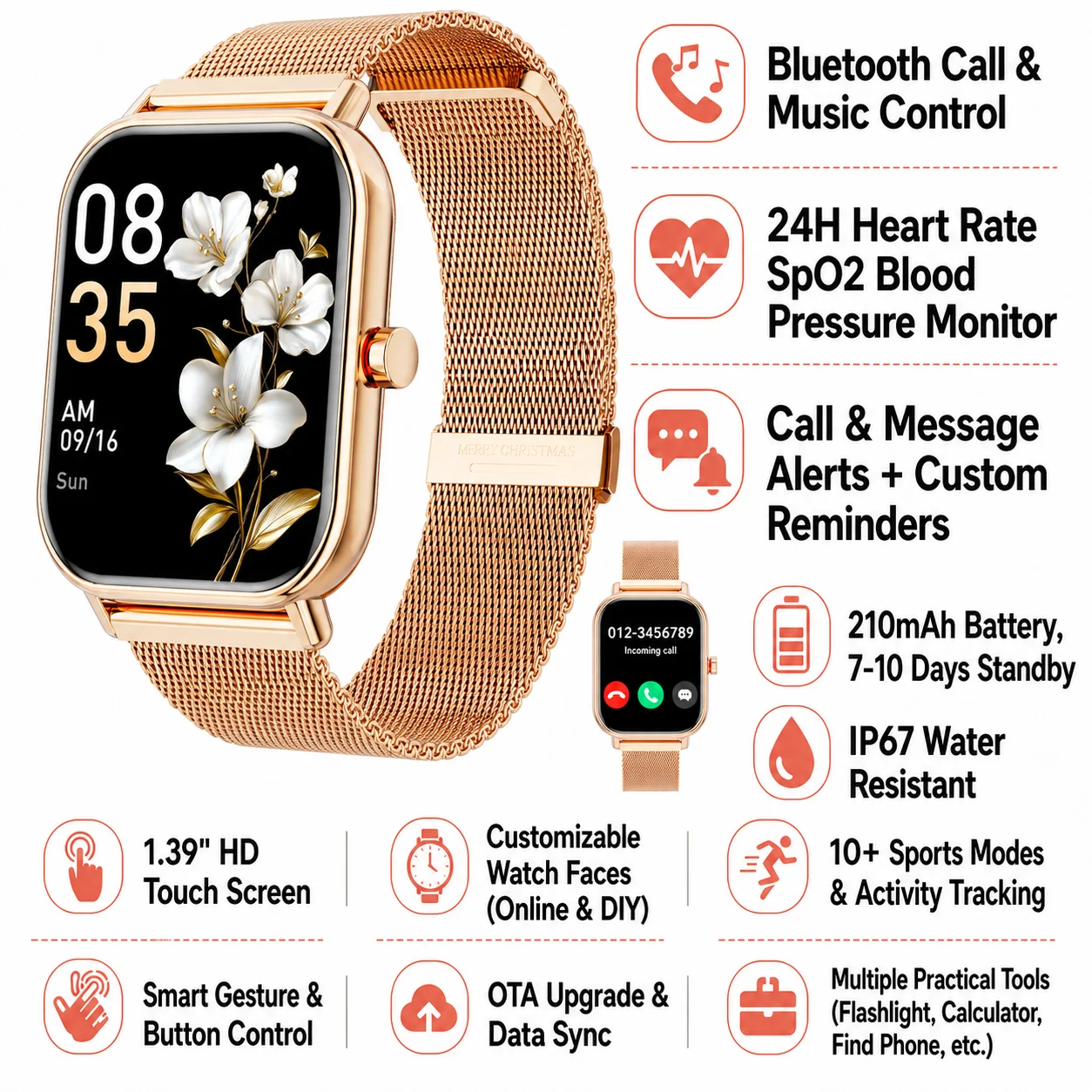 Damen Mode Smartwatch 1,85 Zoll Vollbild Bluetooth-Anrufe Smartwatch Schlaf- und Blutsauerstoffüberwachung Mailänder Armband Gesundheits- und Fitnessfunktionen