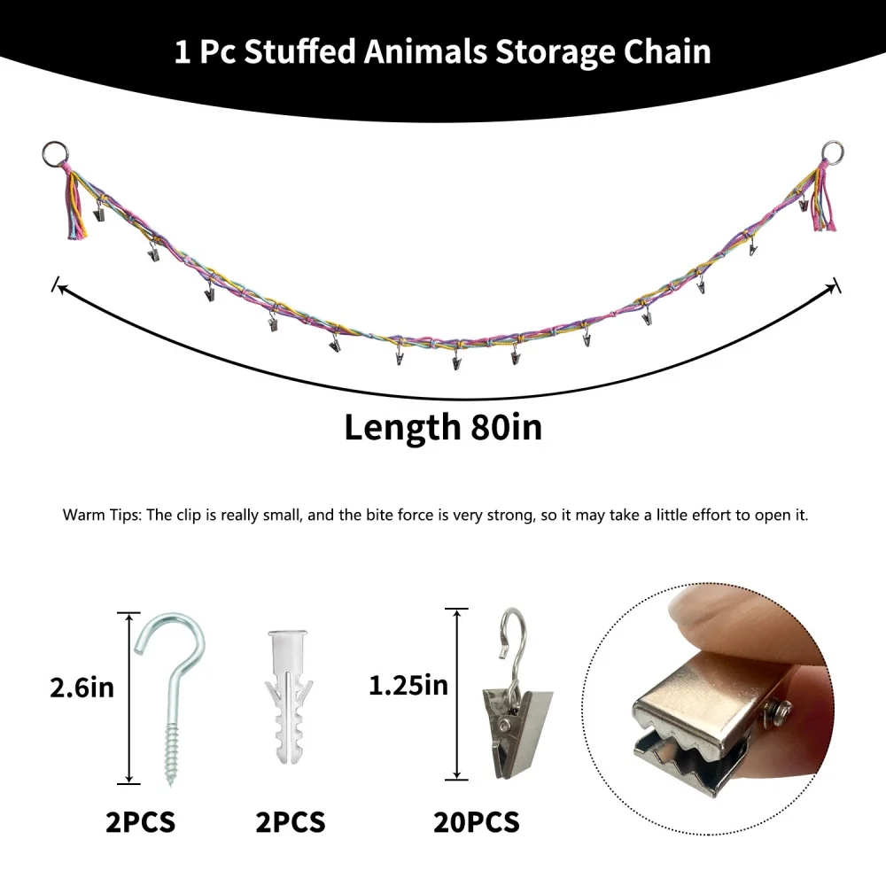 Cotton Hanging Storage Chain, for Storing Plush Animals. Each Bohemian-Style Display Chain Is Equipped with 20 Metal Clips, Suit