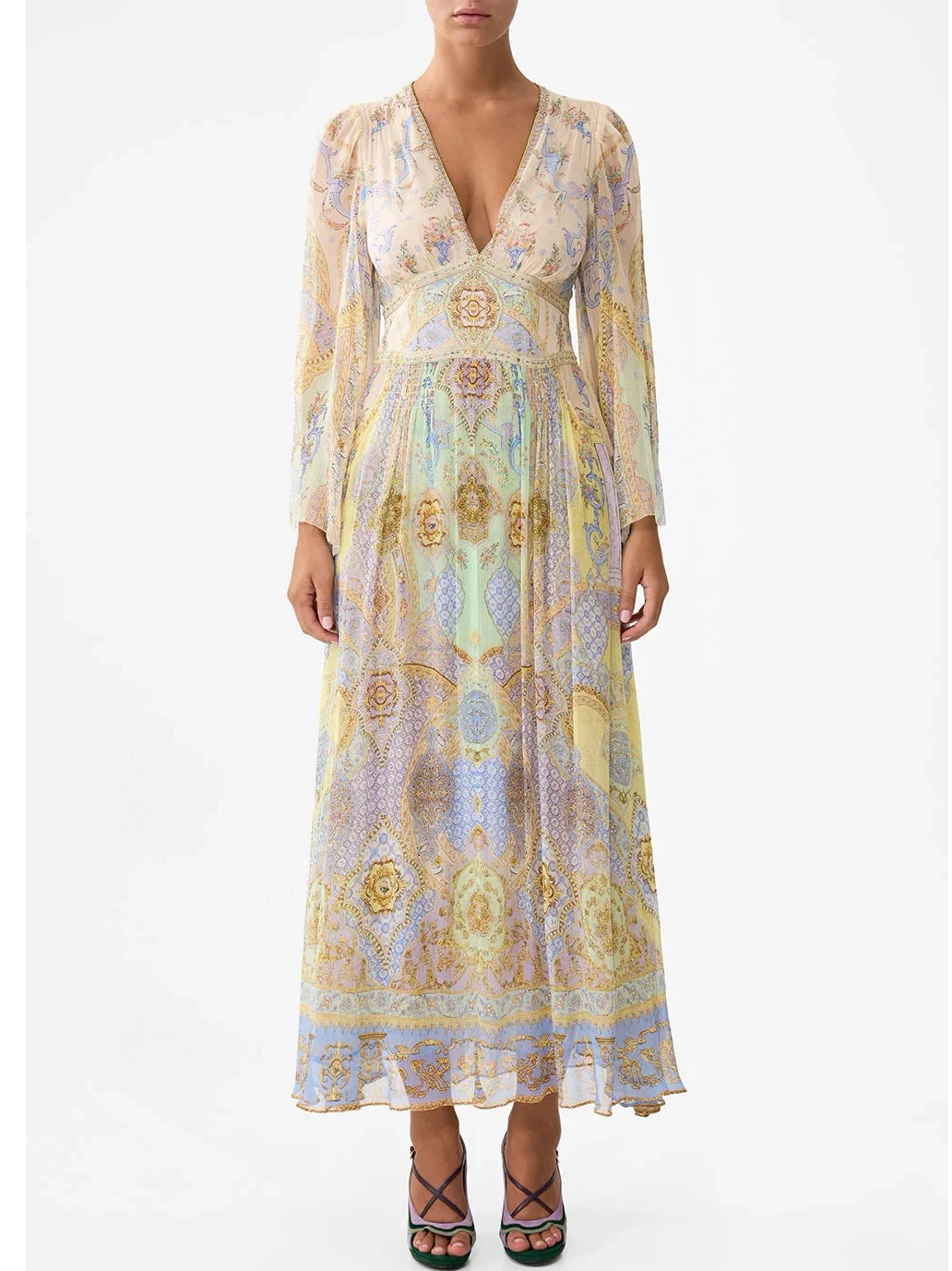 Abito lungo in chiffon con stampa paisley da donna al 100% in vera seta, manica lunga, scollo a V profondo, abito lungo Boho fluido