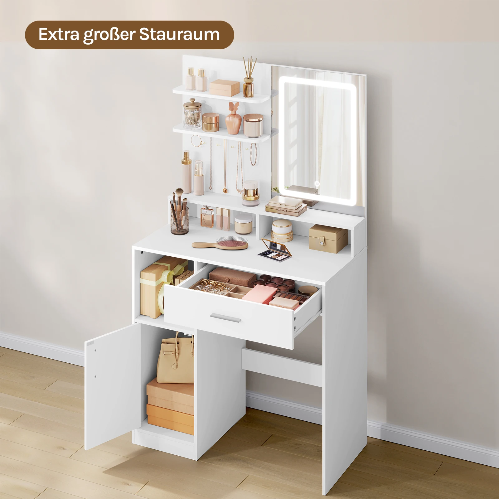 Picture 6: WOLTU Cosmetic Table Dressing Table with Adjustable LED Lights Mirror Vanity Unit with 3 Shelves Storage Cabinet for Bedroom