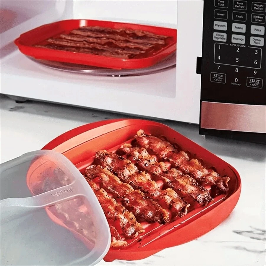 Microwave Bacon Maker Cooker Tray with Splatter Lid BPA-Free Microwave Bacon Grill Pizza Tray Efficient Food Prep Kitchen Tools