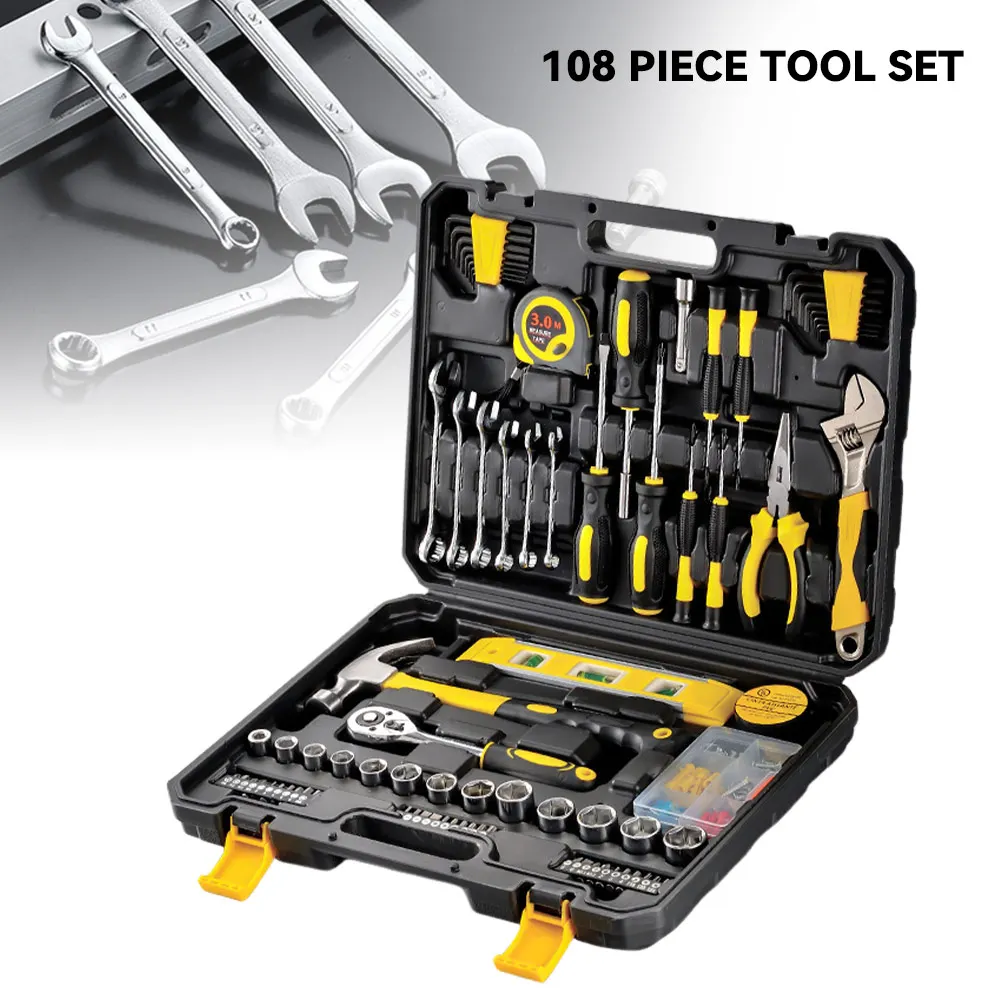 108 pièces, ensemble d'outils pour la maison, kit d'outils mécaniques 1/4 pour la réparation automobile, avec douilles, jeu de douilles hexagonales métriques et en pouces, clé à cliquet.