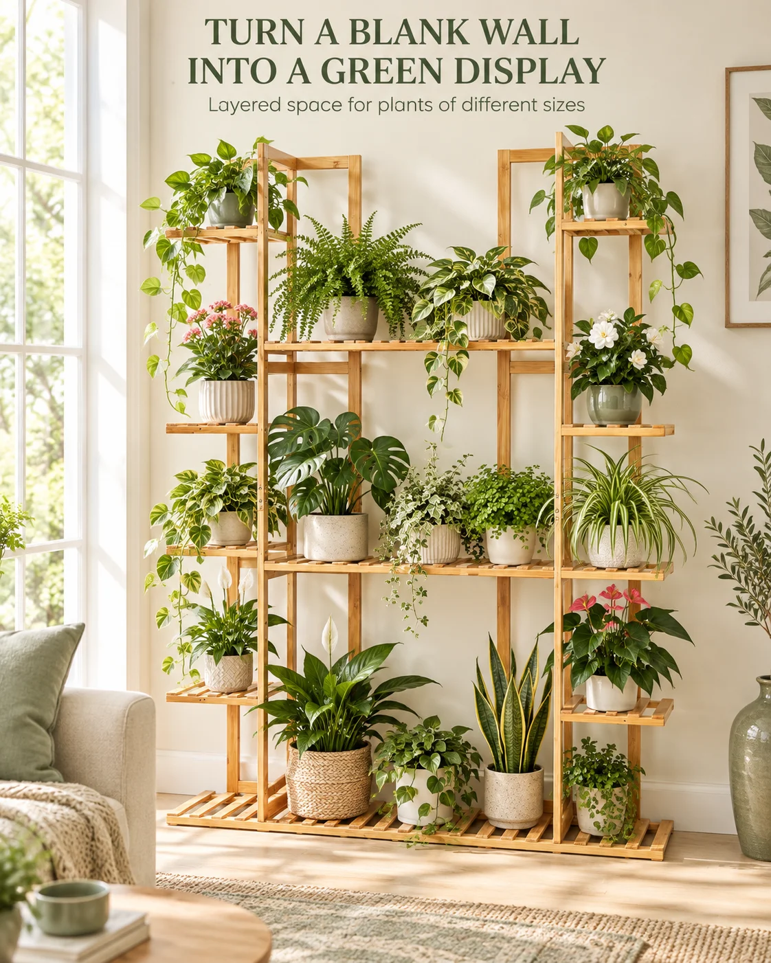 Multi-Tier Bamboo Plant Stand 48in Tall Wooden Flower Pot Display Shelf for Indoor Living Room Balcony Corner