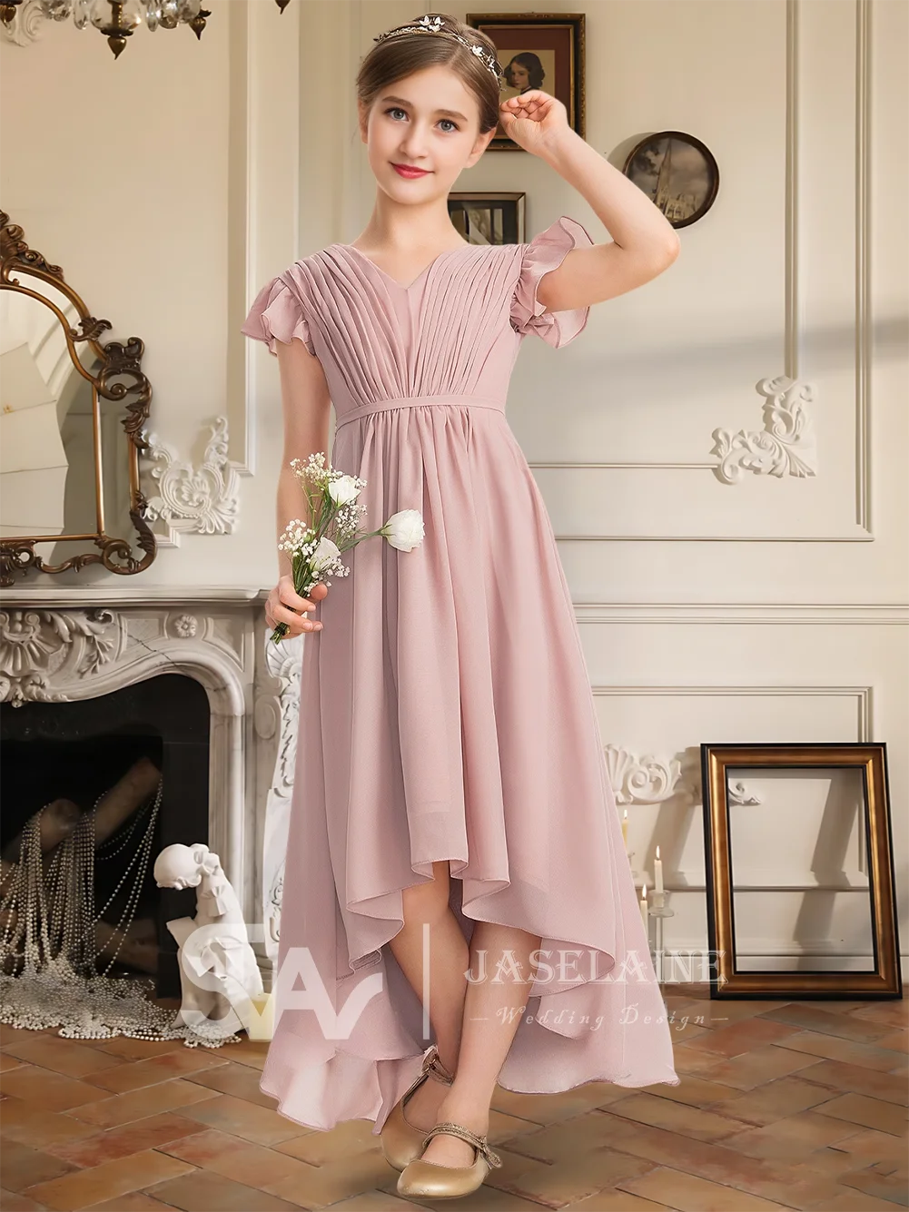 Elegant Chiffon Junior Bridesmaid Dress With V-Neck Asymmetrical Hem Bow Cascading Ruffles For Flower Girl Dress Wedding Party