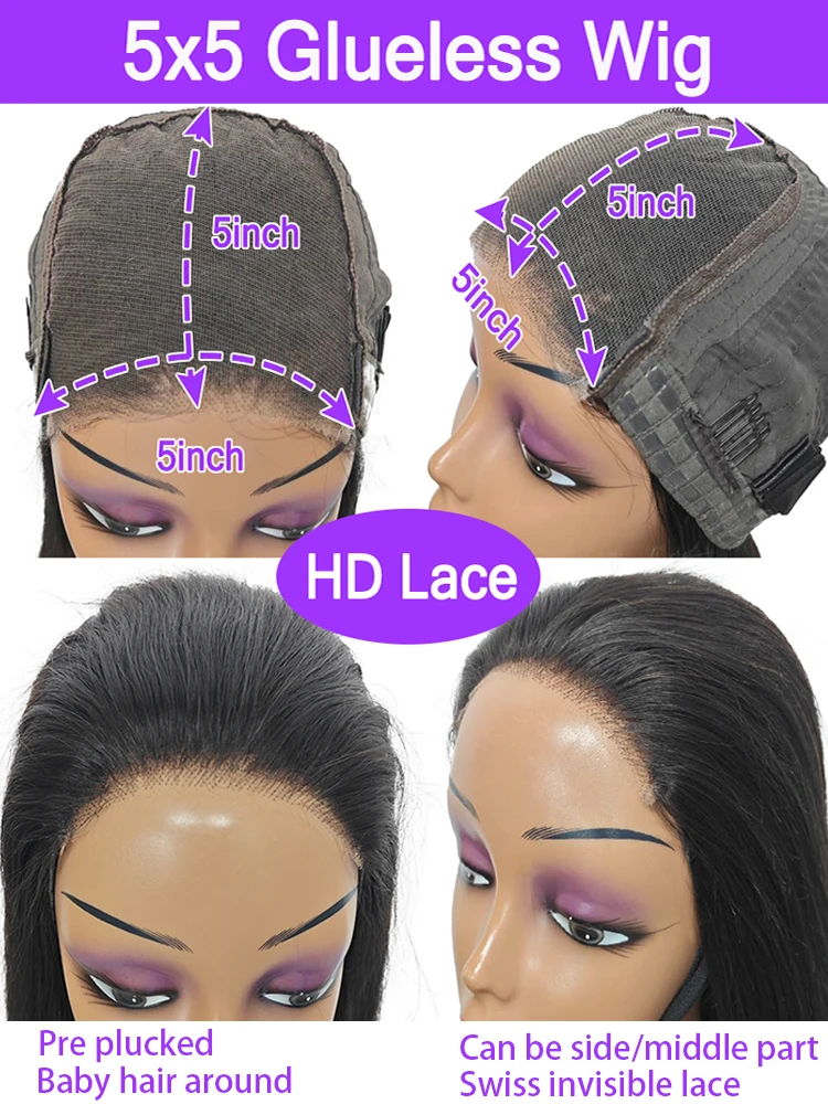 5x5 Glueless Wig Wear and Go Human Hair Ready To Wear HD Lace Glueless Wigs Bone Straight Lace Front Human Hair Wig For Women image 6