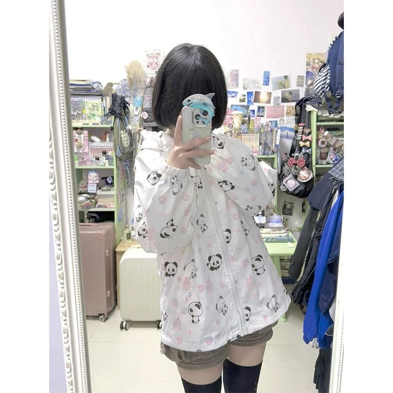 Japanese Kawaii Cartoon Print Jackets Loose Y2k Casual Sun Protection Women's Tops Lace Patchwork Preppy Grunge Hooded Coats