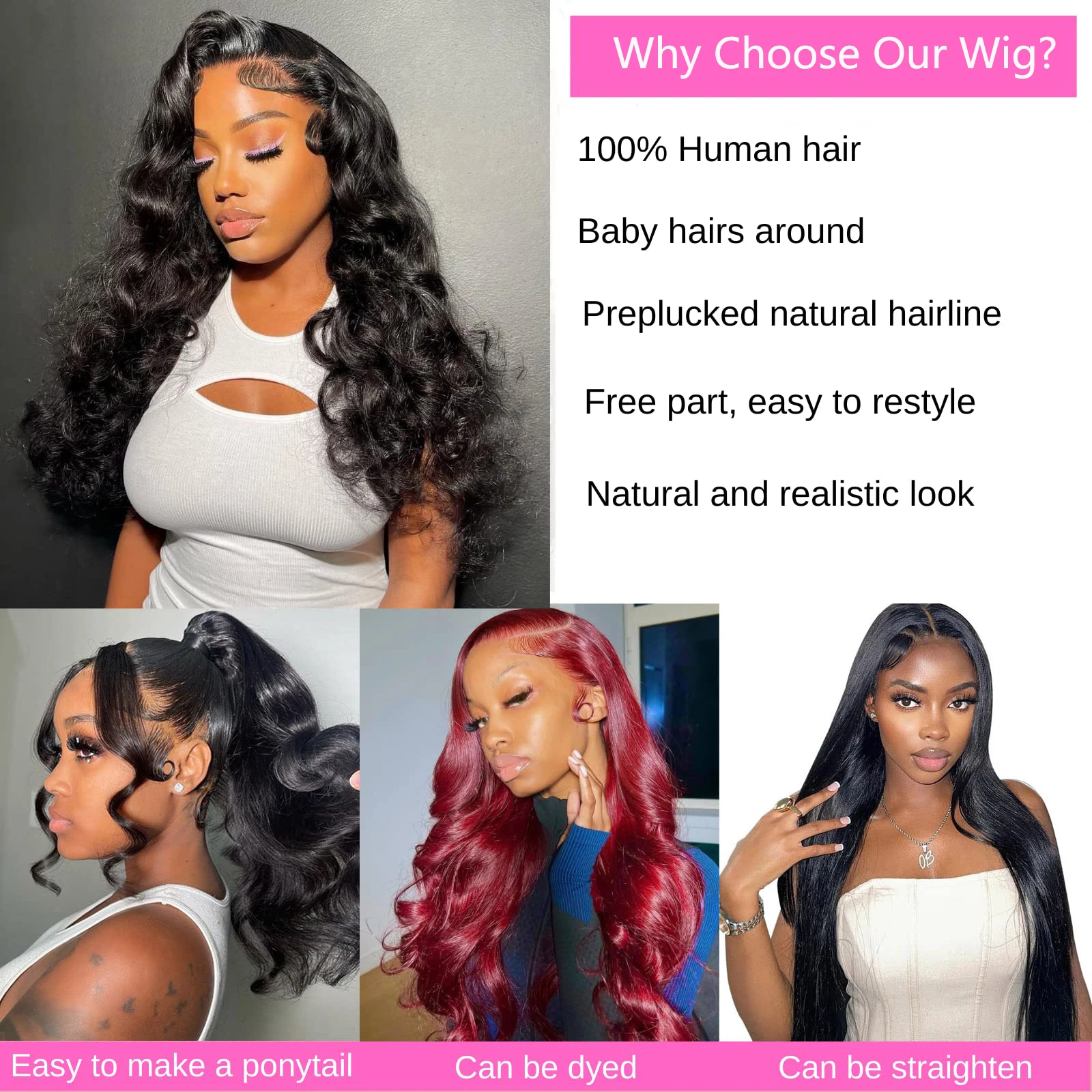 Perruque Lace Front Wig Body Wave naturelle, cheveux humains, 13x6, 24 pouces, pre-plucked, avec baby hair, densité 180, pour femmes