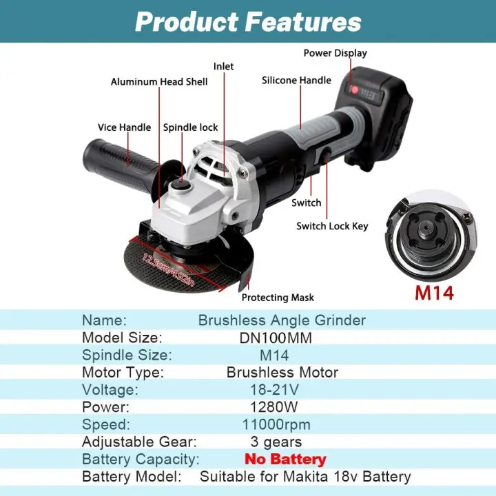 100MM Bürstenloser Elektrischer Winkelschleifer 3 Geschwindigkeiten Kabelloser Schleifer Schneidemaschine Holzbearbeitungs-Elektrowerkzeug für Makita 18V Akku – Detail 1