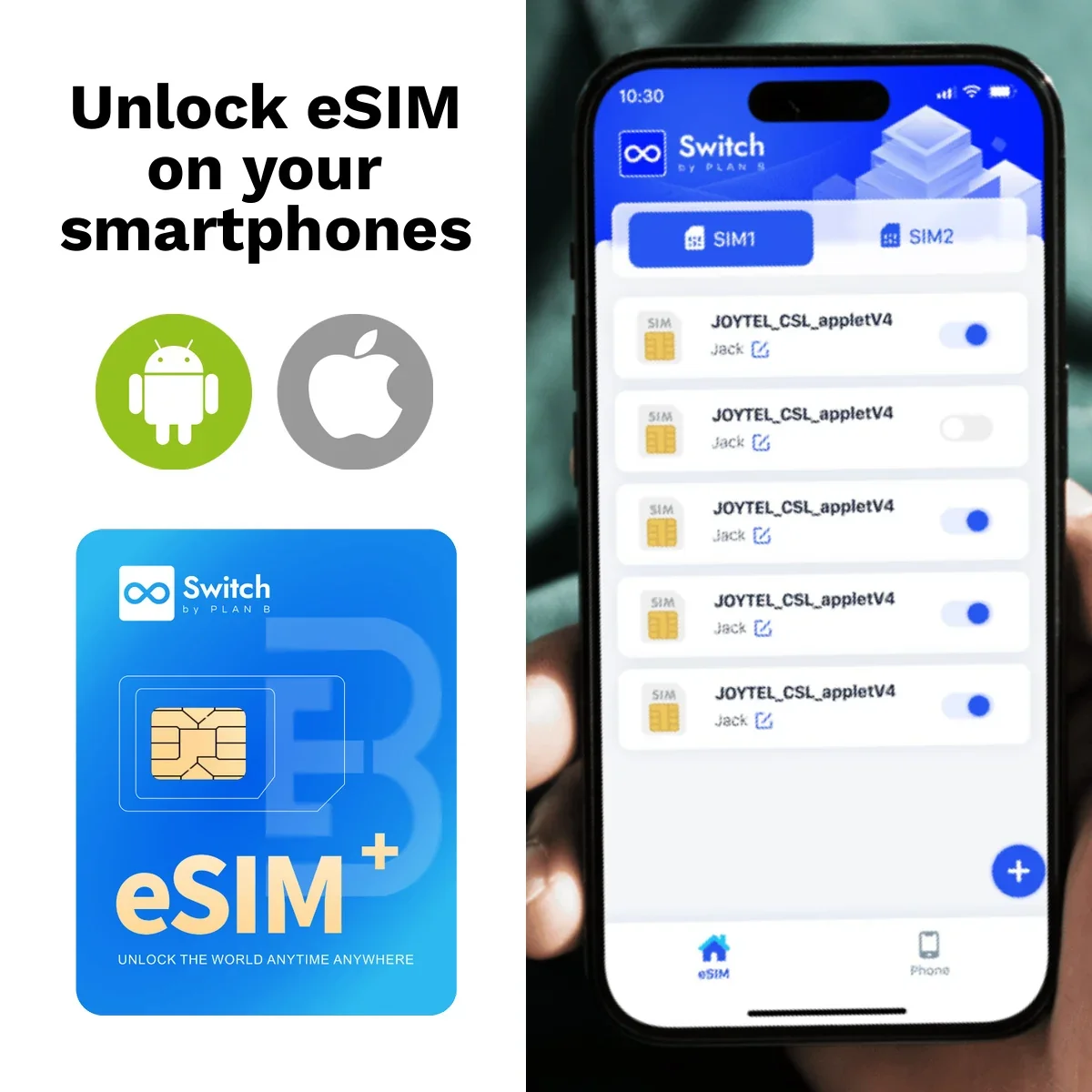 Switch Max ESIM Adapter for iPhone & Android Physical Nano SIM Card 15 ESIM Profiles STK Menu Travel Unlocked Switching